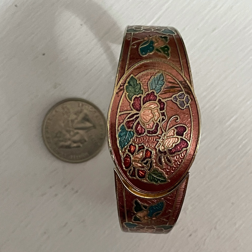 Vintage Cloisonné Floral Enamel Hinged Bangle Bracelet – Boho Statement - Picture 7 of 8
